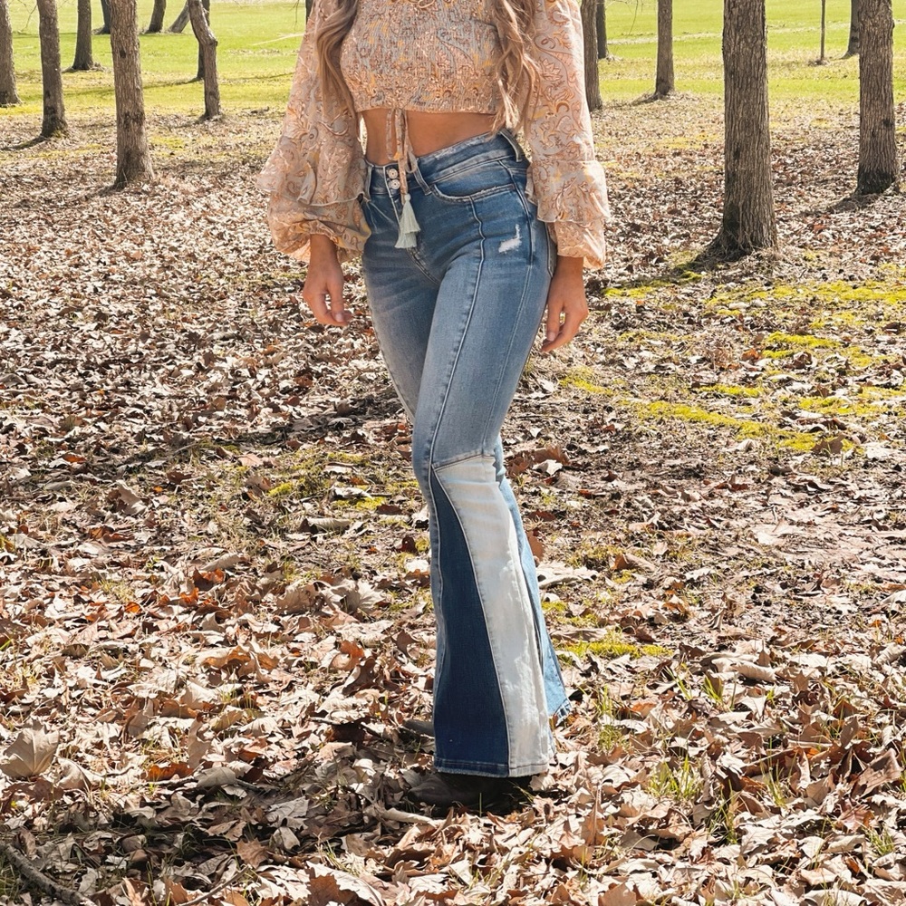 Vervet flare color block high rise jeans